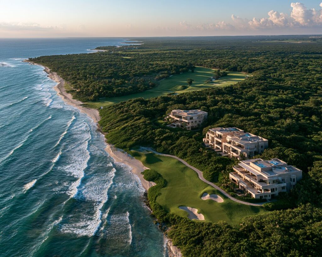 Aerial view of a Caribbean coastal golf and resort development